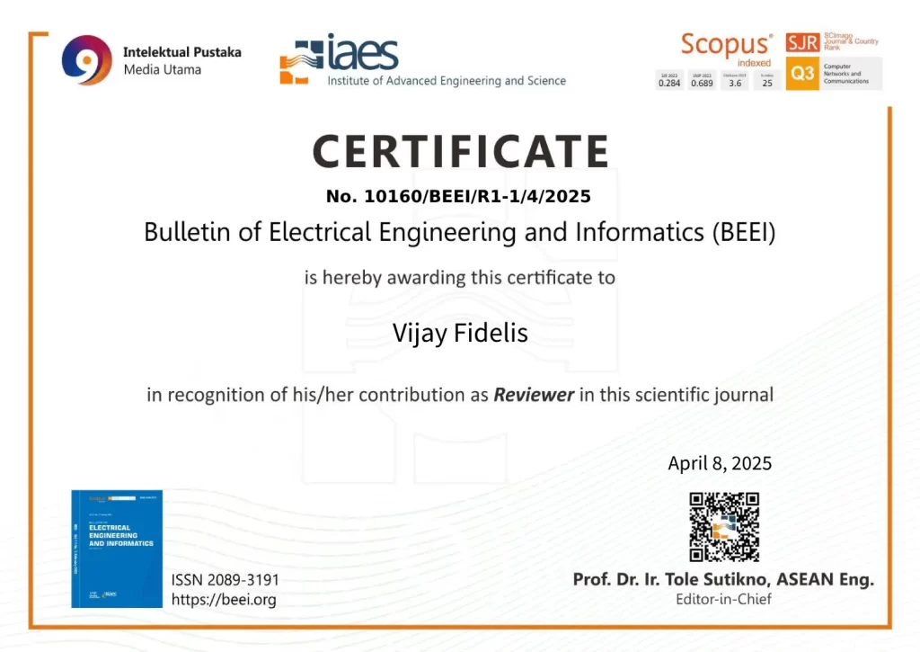 Faculty Achievement: Dr. J. Vijay Fidelis Joins BEEI as Peer Reviewer