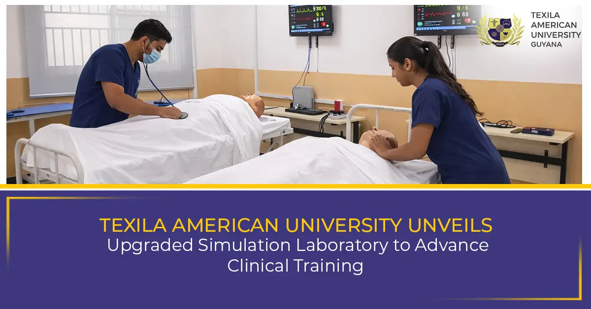 Medical students at Texila American University practicing emergency response on a SimMan high-fidelity patient simulator in the upgraded simulation laboratory.