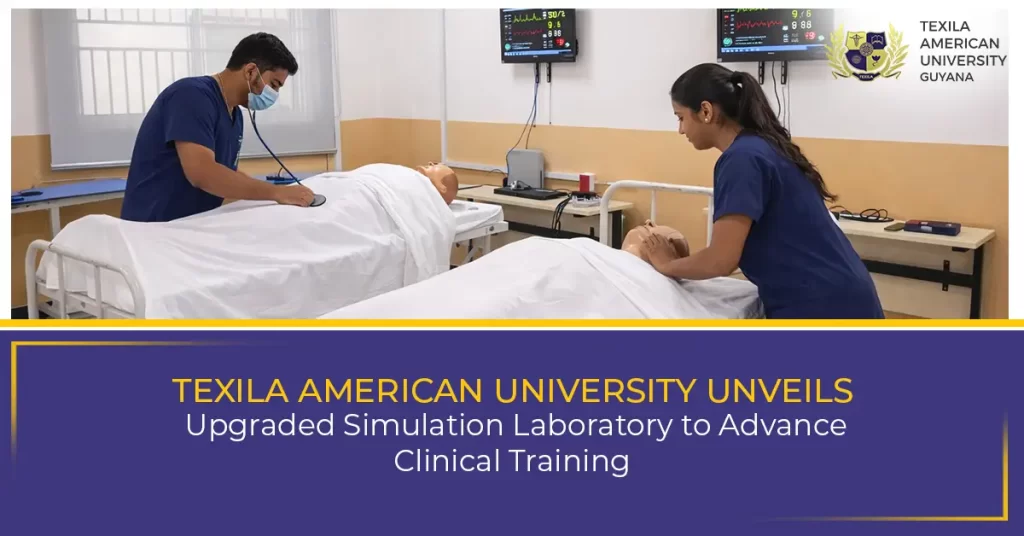 Medical students at Texila American University practicing emergency response on a SimMan high-fidelity patient simulator in the upgraded simulation laboratory.